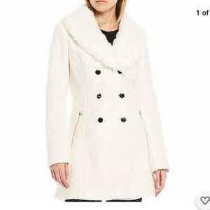 Guess Wool Blend White Coat with Faux Fur Collar